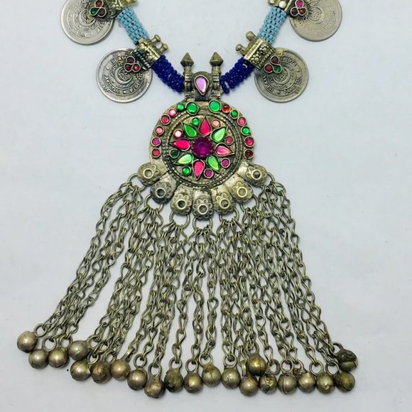 Vintage Coins Necklace With Dangling Pendant,Tribal Beaded Pendant Necklace - Picture 3 of 9